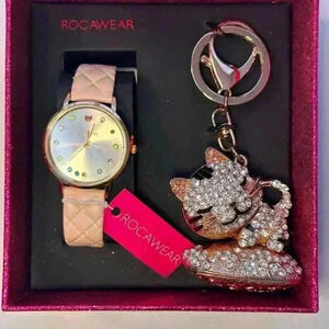 Rocawear Kitty watch and rhinestone keychain set Rose Gold /Pink